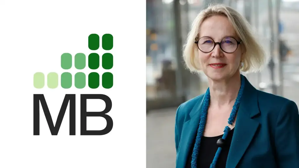 Från vänster i bild: nya logotypen för MB och Lotta Werner Flyborg, vd SGBC.