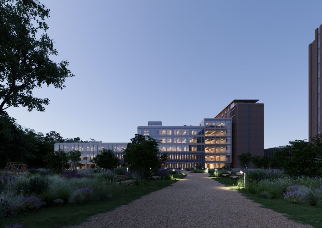 Arkitemas illustration av det planerade kontorskomplexet i Lyngby med träd och gångväg.
