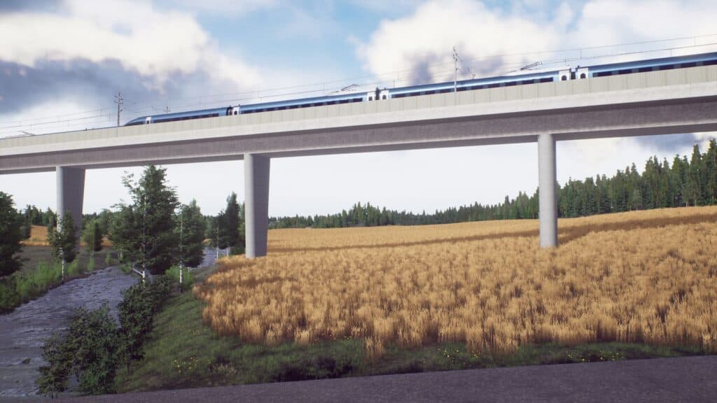Datoranimerad illustration av ett blått tåg som kör på en betongviadukt över en åker och ett vattendrag med träd.