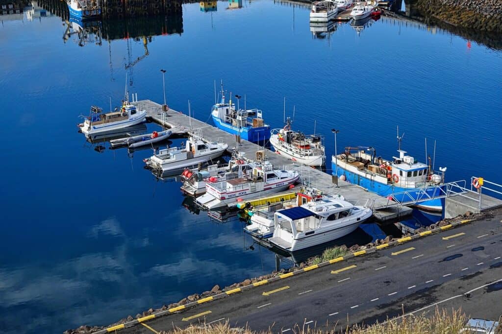 Småbåtar och fiskefartyg förtöjda vid en brygga i en lugn hamn med blått vatten, en väg och gul kantlinje i förgrunden.
